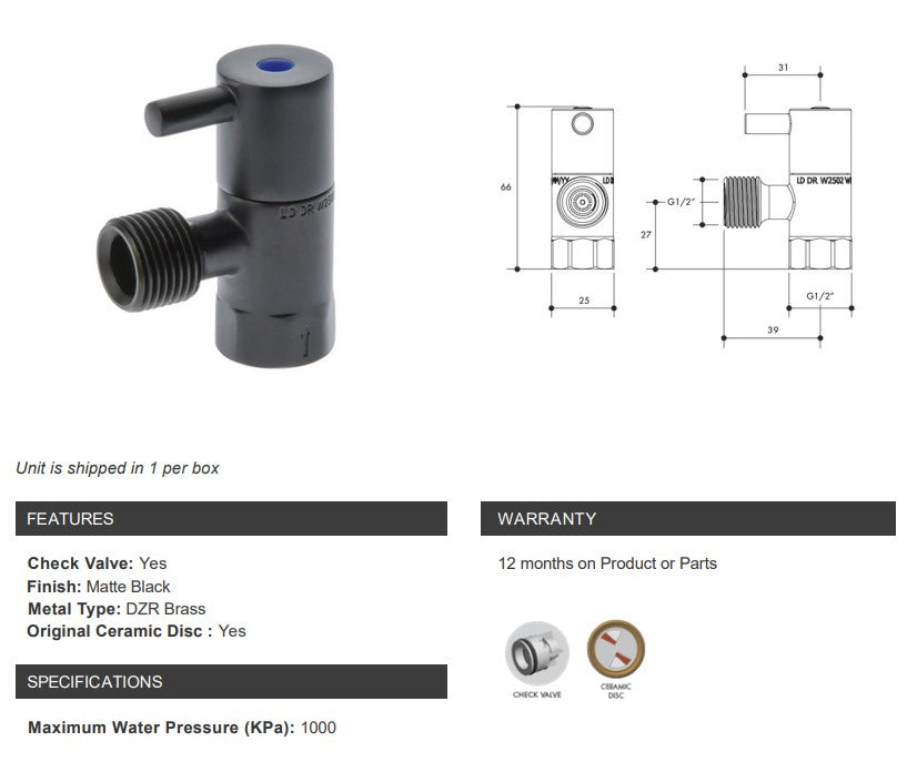 Monopoly Tapware Cistern Isolation Stop 1/4 Turn Lever with Ceramic Disc 15mm Matte Black