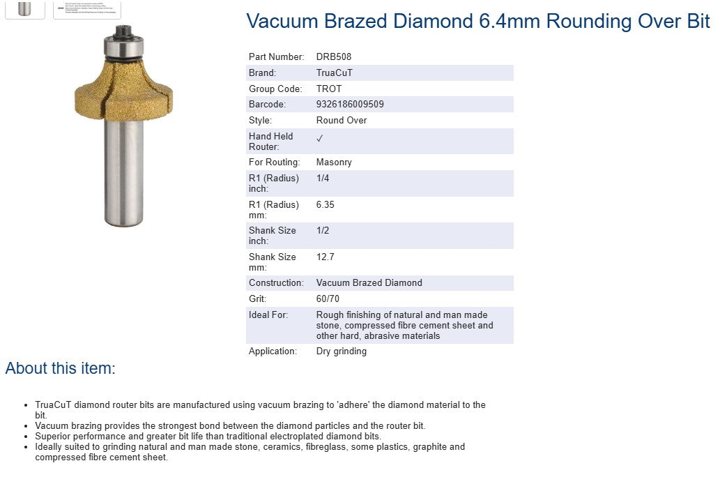TruaCut Vacuum Brazed Diamond Router Bits - 6.4mm Rounding Over Bit