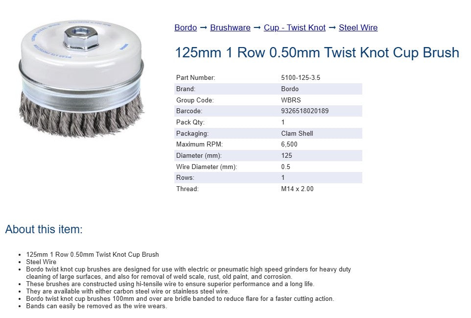 125mm 1 Row 0.50mm Twist Knot Cup Brush - Steel Wire