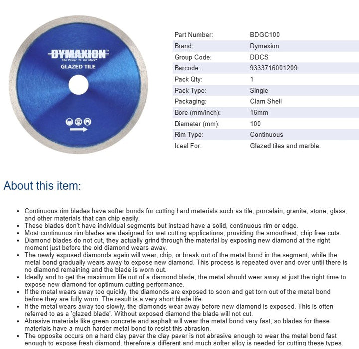 Diamond Blade Continuous for Glazed Tiles and Marble 100mm x 16 mm Bore