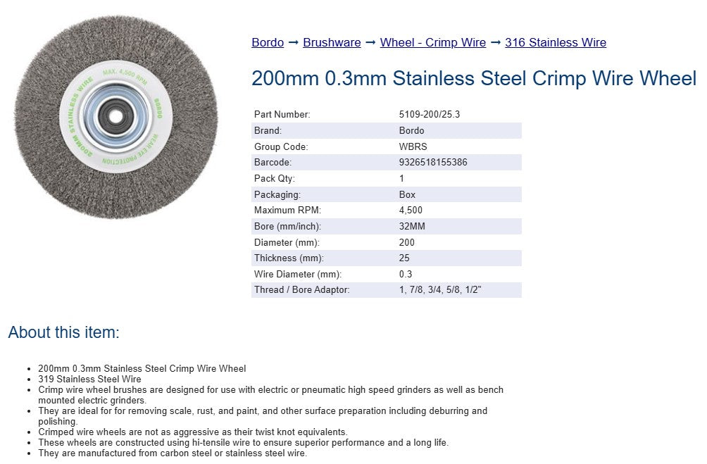 Bordo Crimp Stainless Steel Wire Wheel 200mm 0.3mm x 25mm Thickness