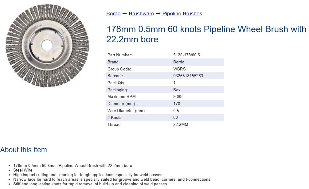 Bordo 178mm 0.50mm 60 Knots Pipeline Wheel Brush with 22.2mm Bore - Steel Wire