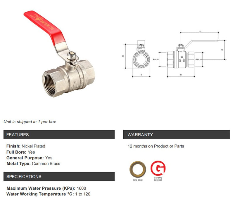 Brass Ball Valve Long Handle Female Female 1 1/4" BSP