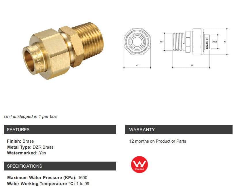 BRASS CAPILLARY BARREL UNION CU x 1" MALE BSP