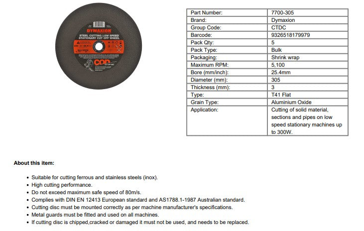 Dymaxion 305mm Steel Cutting Low Speed Stationery Cut Off Wheel - 5 Pack