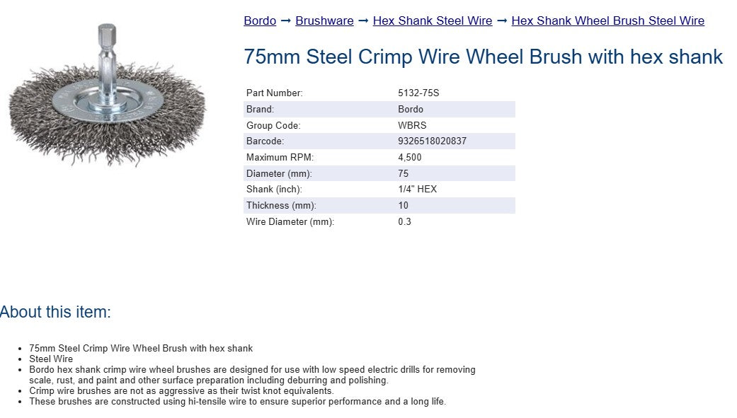 Bordo Wire Wheel Steel Crimp 75mm 0.3 x 10mm Thickness 6mm Hex Shaft