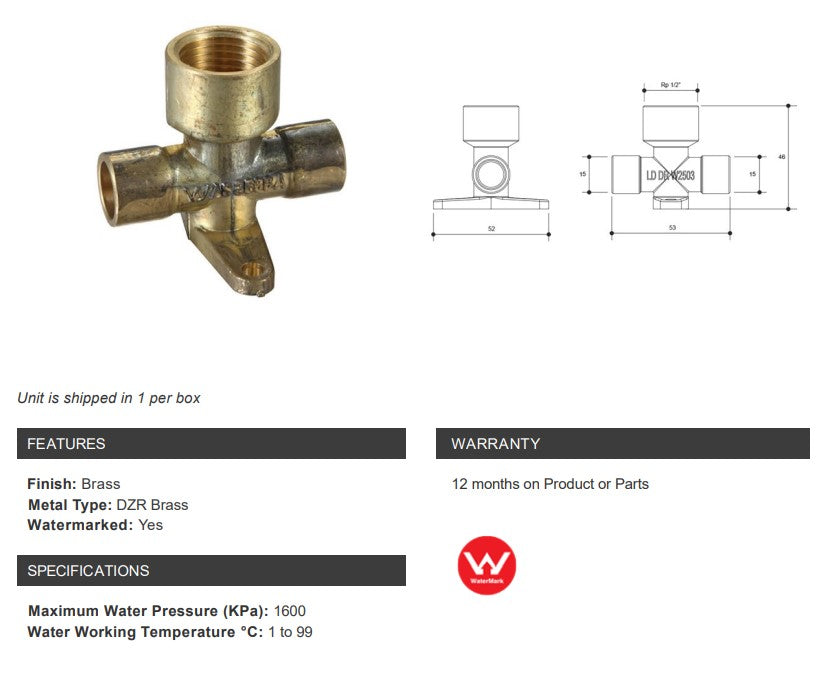 BRASS CAPILLARY LUGGED TEE (NO 30BP) 15mm OD x 15mm OD x 1/2" FEMALE BSP