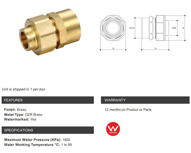 BRASS CAPILLARY BARREL UNION CU x 3/4" FEMALE BSP