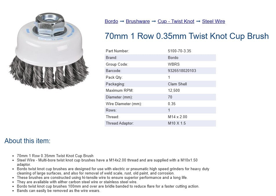 70mm 1 Row 0.35mm Twist Knot Cup Brush - Steel Wire