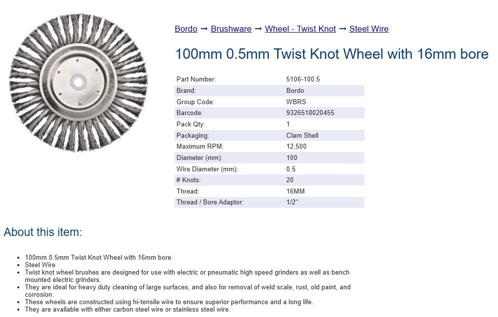 100mm 0.50mm Twist Knot Wheel With 16mm Bore - Steel Wire