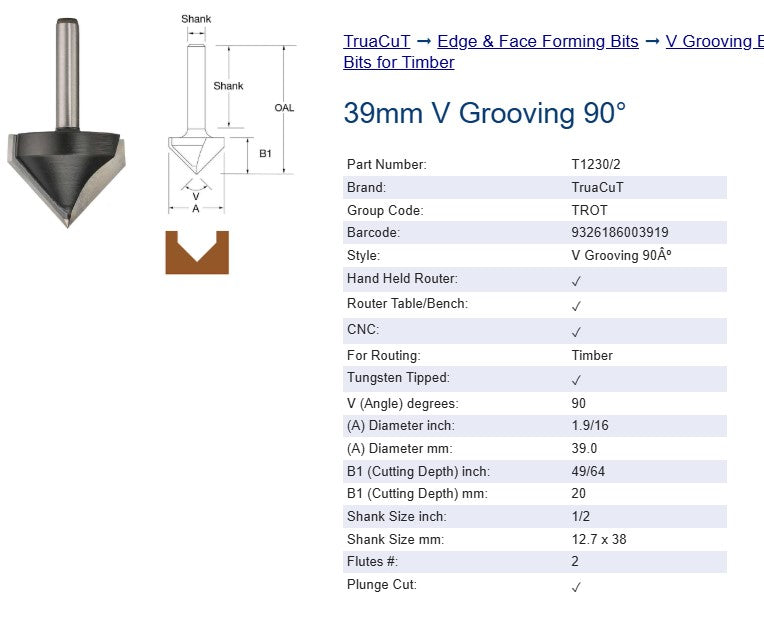 Edge & Face Forming Bits - 39mm V Grooving Router Bit - TruaCuT