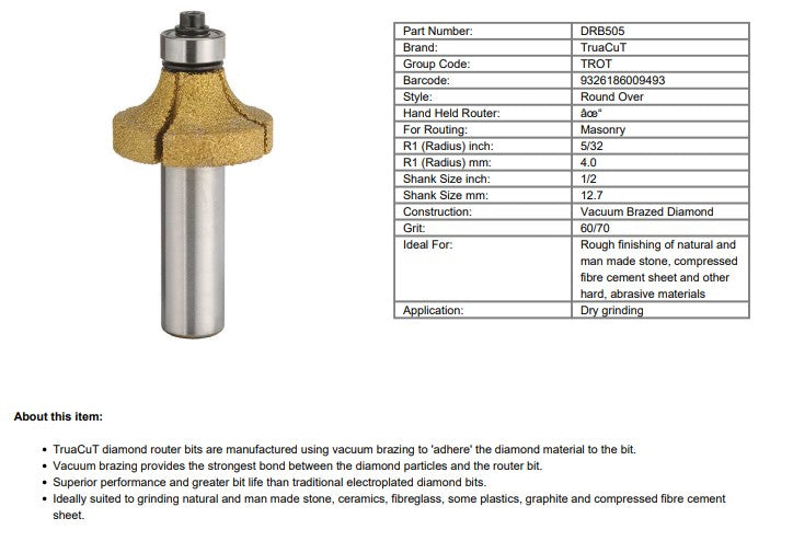 TruaCut Vacuum Brazed Diamond Router Bits - 4.0mm Rounding Over Bit