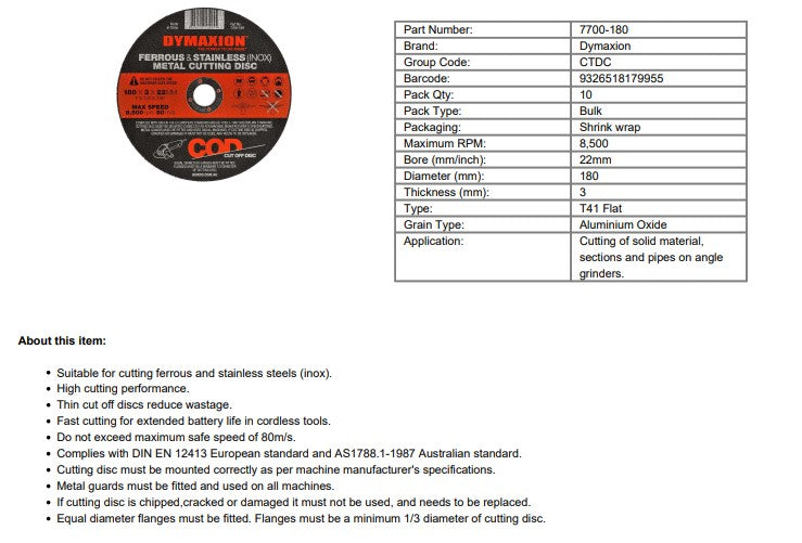 Dymaxion 180mm Ferrous and Stainless Steel (INOX) Metal Cutting Disc