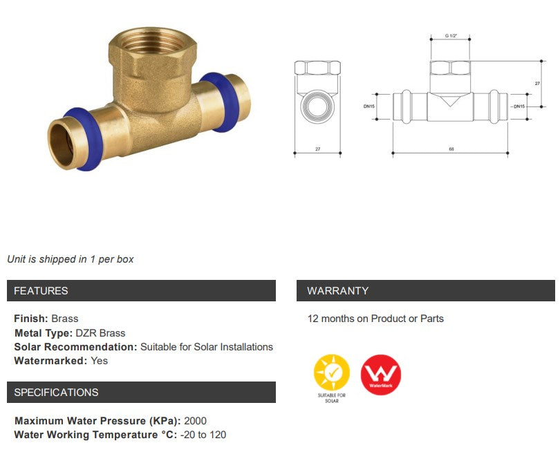 BRASS WATER FITTINGS TEE WITH FEMALE CENTRE DN15 x DN15 x 1/2" FEMALE