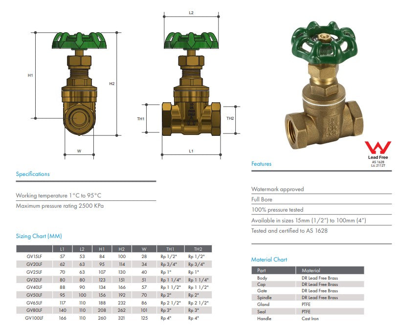 Gate Valve Brass Watermarked Female Female 4" BSP