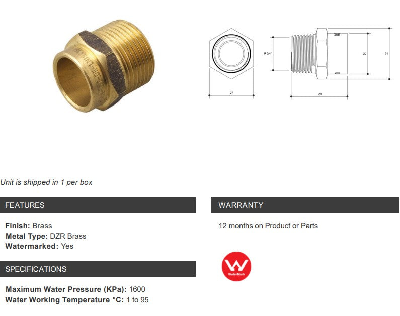 BRASS CAPILLARY CONNECTOR (NO 3) 20mm OD x 3/4" MALE BSP