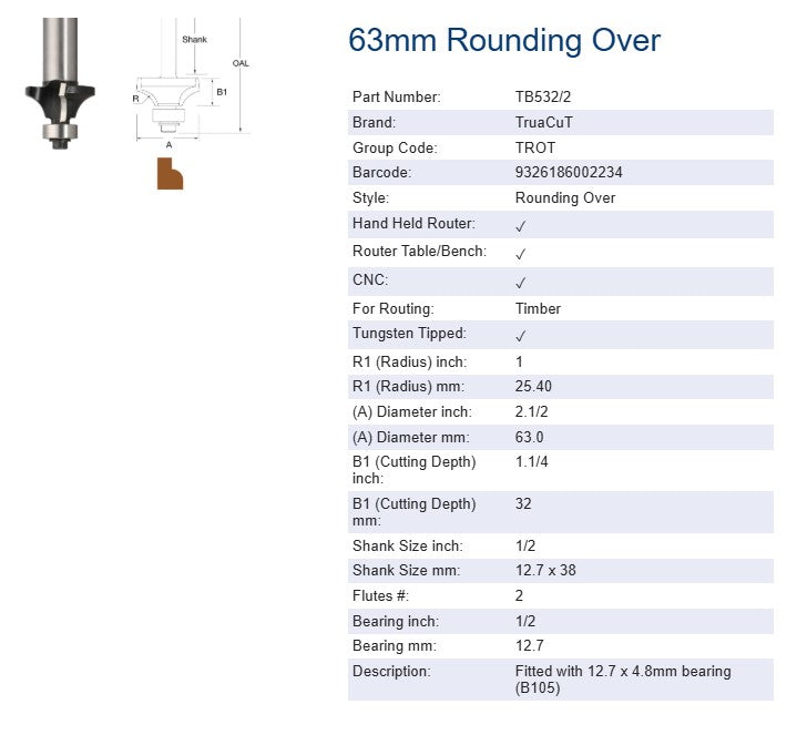 Router Bits - Edge Forming Bits - 25mm Rounding Over Bit 1/2" Shank TruaCuT