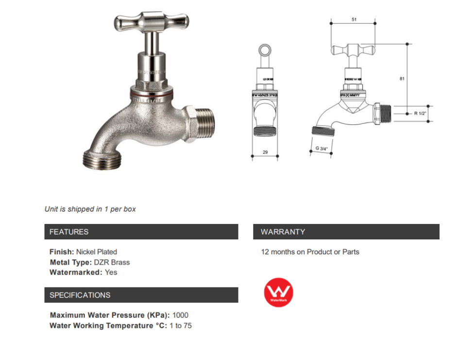 1/2" BSP Hose Tap Standard Male Watermarked Nickel Plated Finish