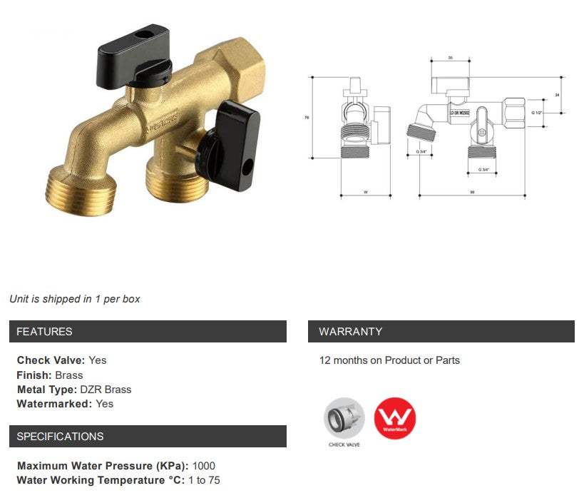 Dual Outlet Brass Hose Tap 3/4" BSP Outlets x 1/2" BSP Inlet Watermarked