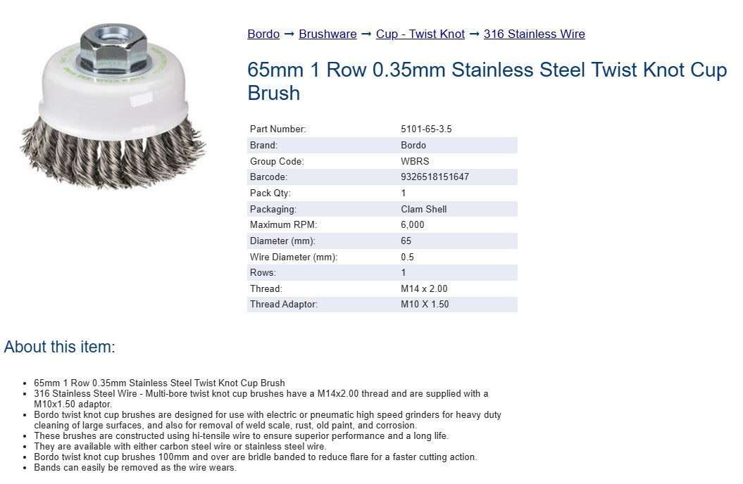 Bordo 65mm 1 Row 0.35 Stainless Steel Twist Knot Cup Brush