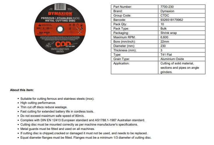 Dymaxion 230mm Ferrous and Stainless Steel (INOX) Metal Cutting Disc - 10 Pack