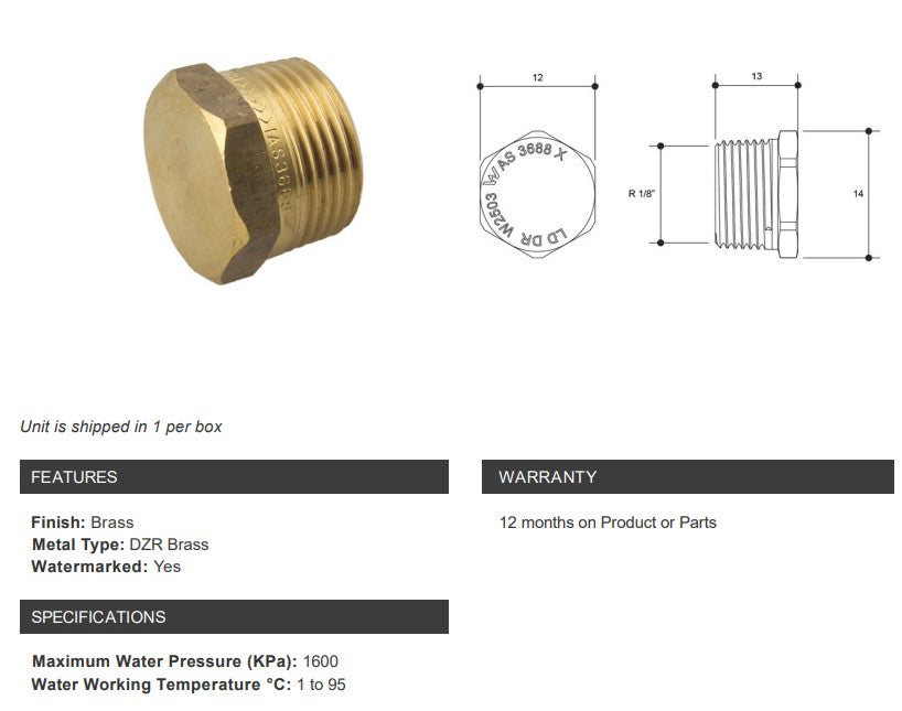 Brass Hex Plug 1/8" BSP Thread