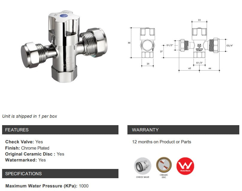 Monopoly Tapware Dual Isolation Stop Modular 1/4 Turn with Ceramic Disc 15 & 20mm Chrome Plated