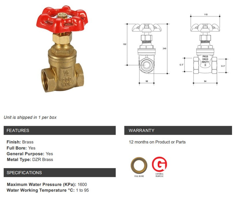 Gate Valve Brass General Purpose 3" BSP  Female Female Red Handle