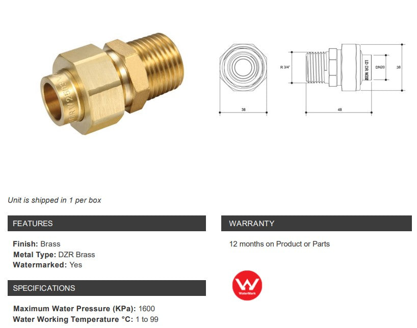 BRASS CAPILLARY BARREL UNION CU x 3/4" MALE BSP