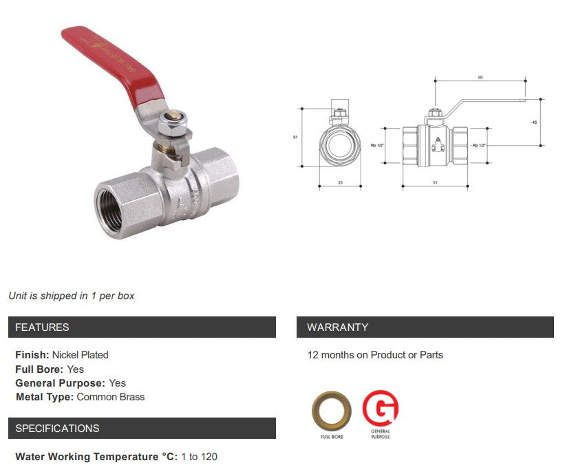 Brass Ball Valve Long Handle Female Female 1/2" BSP