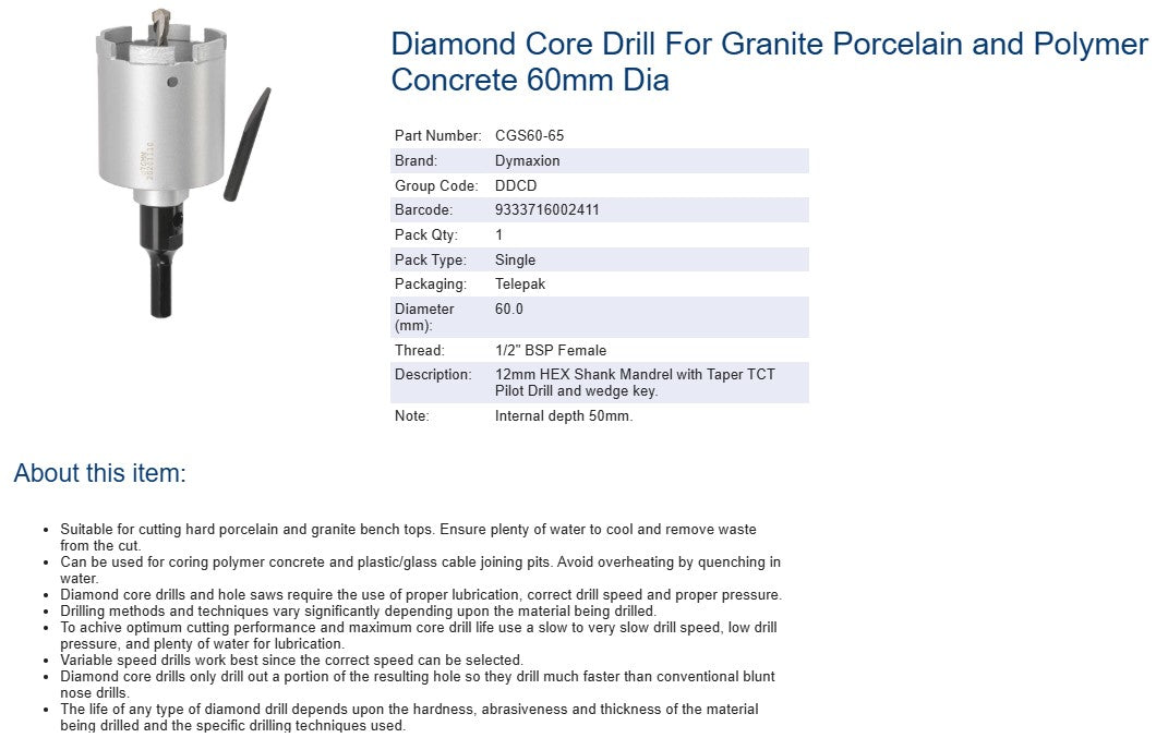Diamond Core Drill Bit for Granite Porcelain and Polymer Concrete 60mm Dia