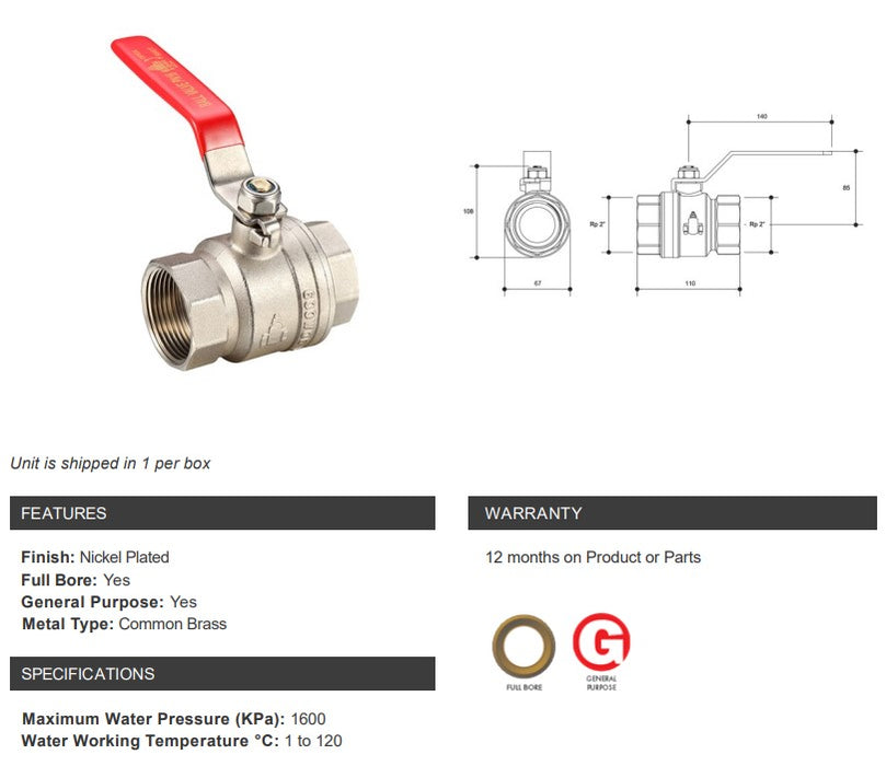 Brass Ball Valve Long Handle Female Female 2" BSP