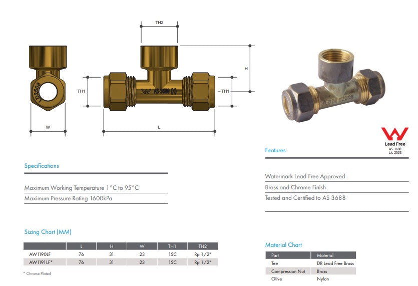 NYLON COMPRESSION BRASS TEE DOUBLE UNION 15C x 15C x 1/2" F