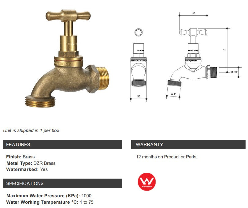 3/4" BSP (20mm) Hose Tap Standard MI Watermarked Rough Brass Finish