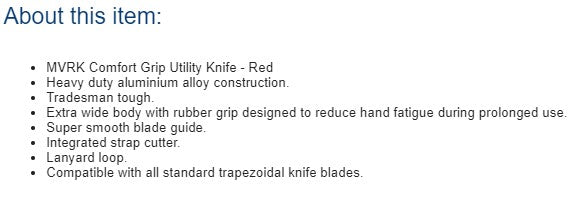 MVRK COMFORT GRIP UTILITY KNIFE RED PREMIUM TRAPEZOIDAL BLADE TRADESMAN TOUGH