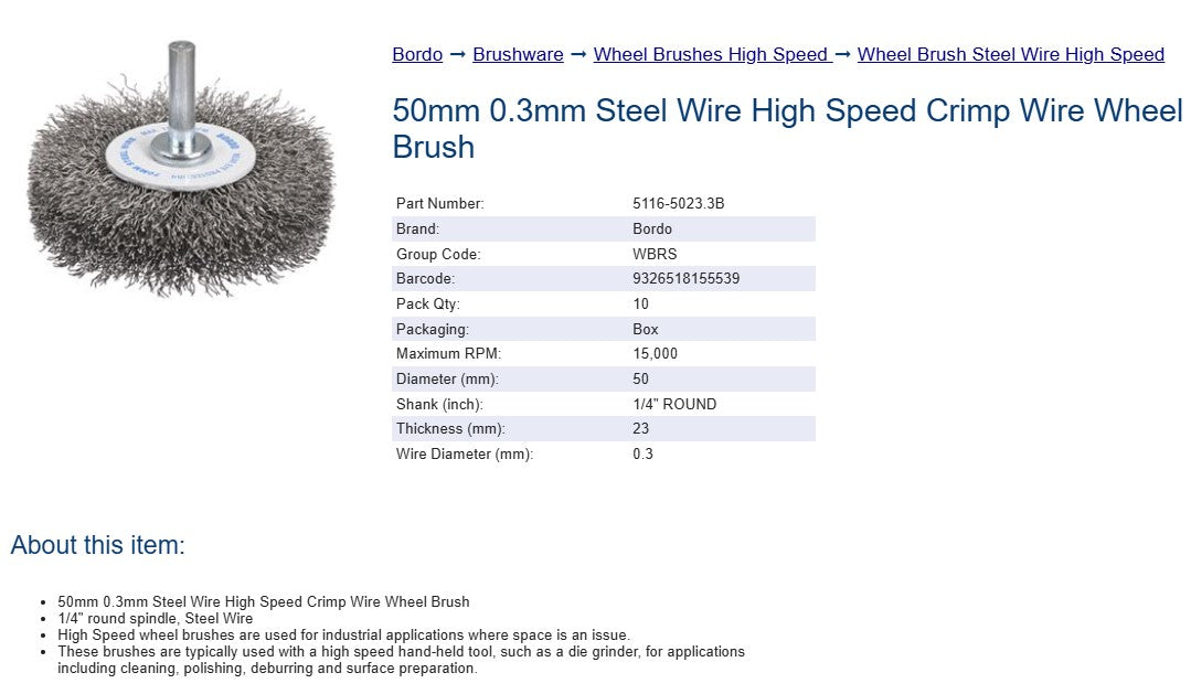 Bordo Steel Wire High Speed Crimp Wire Wheel Brush  50mm 0.3mm x 23mm Thickness 1/4" Round Shank 10 Pack