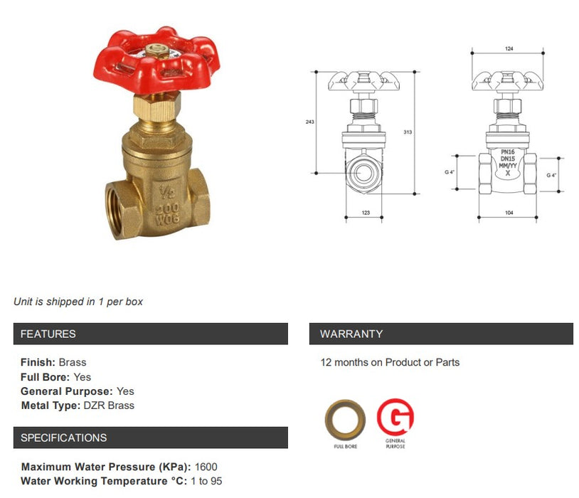 Gate Valve Brass General Purpose 4" BSP  Female Female Red Handle