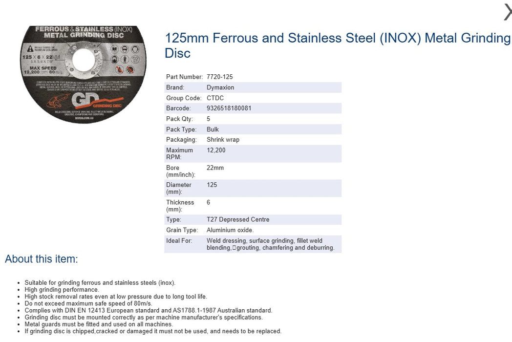 Grinding Disc Metal 125mm x 6mm x 22mm Bore