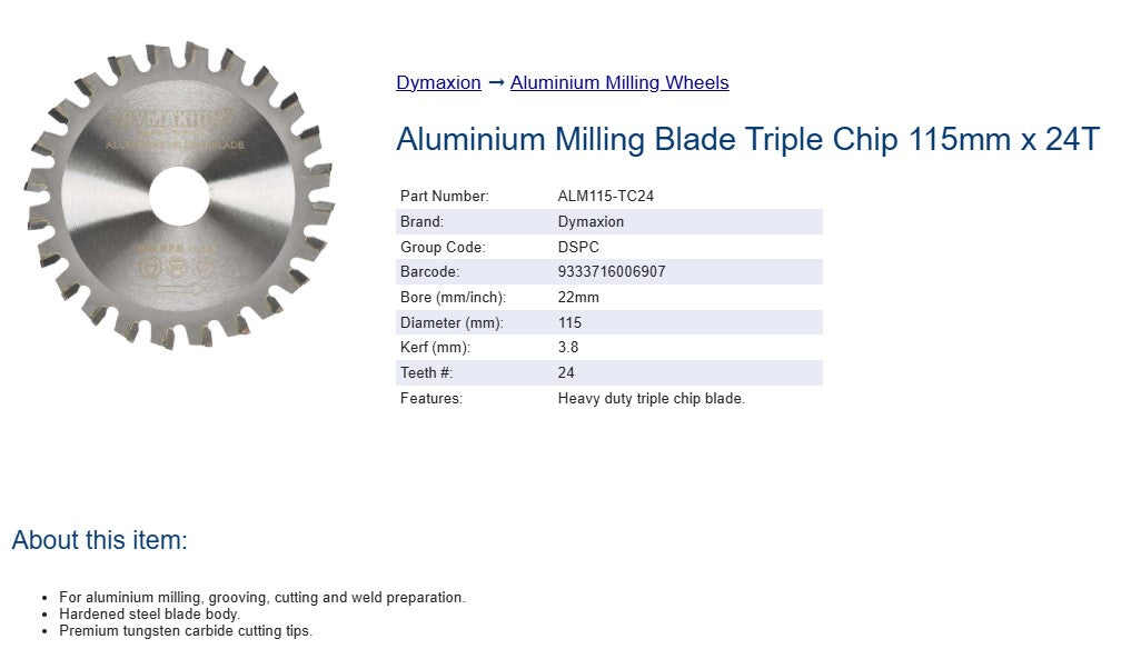 Dymaxion Aluminium Milling Blade/Milling Wheel - Triple Chip 115mm x 22mm Bore 24 Teeth 3.8mm Kerf