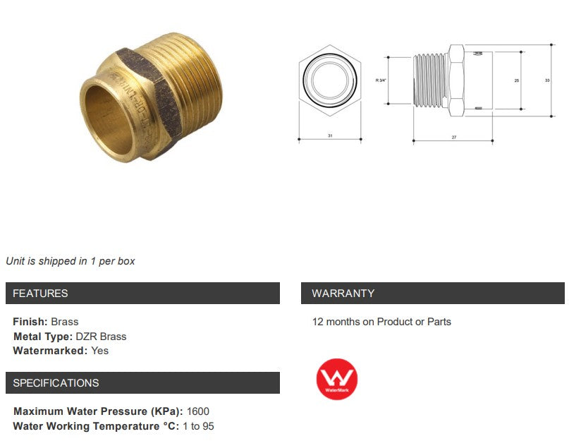 BRASS CAPILLARY CONNECTOR (NO 3) 25mm OD x 3/4" MALE BSP