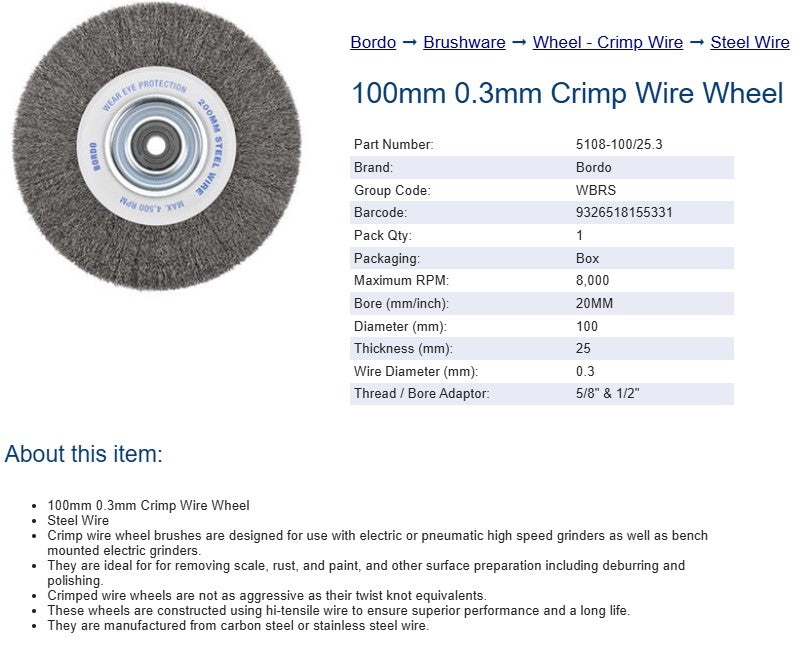 Bordo Crimp Steel Wire Wheel 100mm 0.3mm x 25mm Thickness