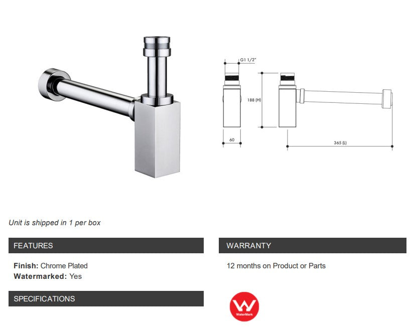 Monopoly Tapware Bottle Trap Chrome Plated 40mm Square with Adaptor