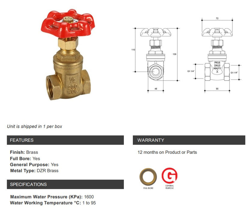 Gate Valve Brass General Purpose 1 1/4" BSP  Female Female Red Handle