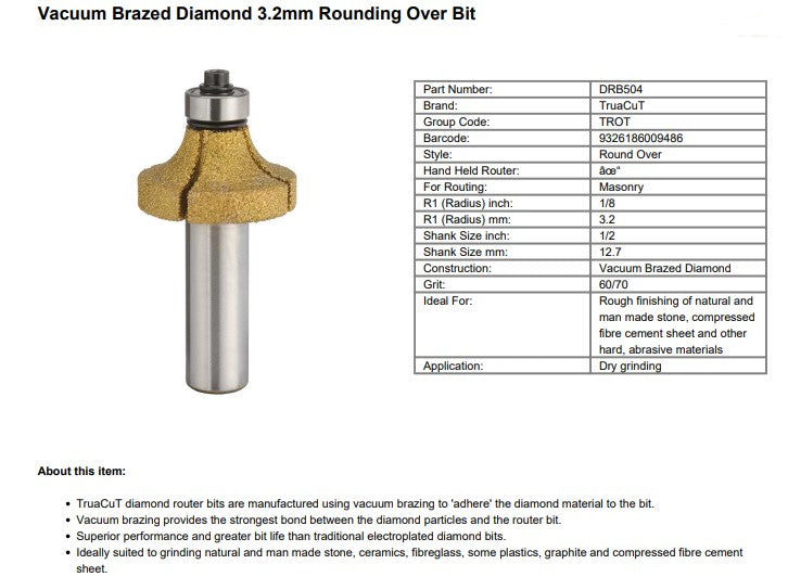 TruaCuT Vacuum Brazed Diamond Router Bits - 3.2mm Rounding Over Bit