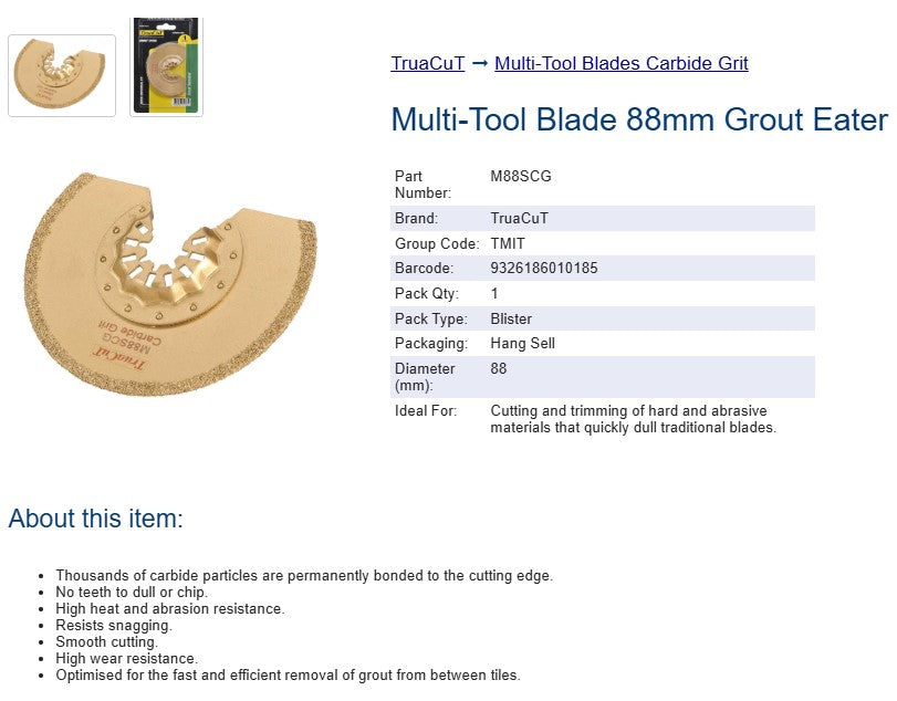 TRUACUT MULTI TOOL BLADE - CARBIDE GRIT - GROUT REMOVAL - 88mm SEGMENT BLADE - LONG CUTS