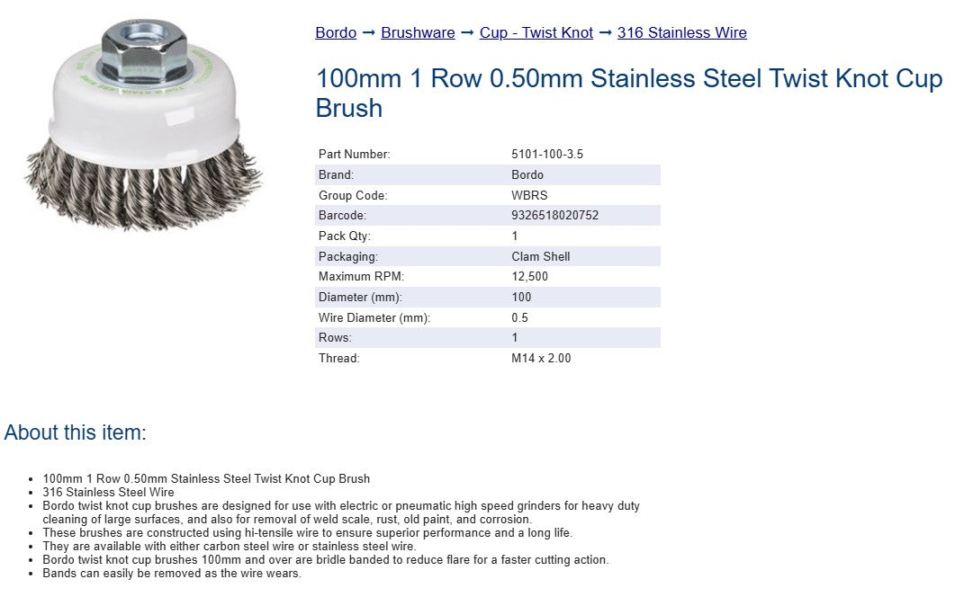 Bordo 100mm 1 Row 0.50 Stainless Steel Twist Knot Cup Brush