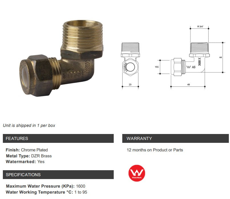 NYLON COMPRESSION BRASS CHROME PLATED REDUCING ELBOW  - MALE x COMP - 3/4" M x 1/2" C
