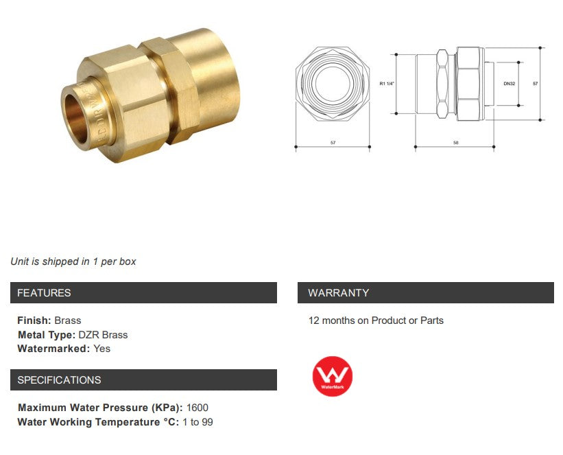 BRASS CAPILLARY BARREL UNION CU x 1 1/4" FEMALE BSP