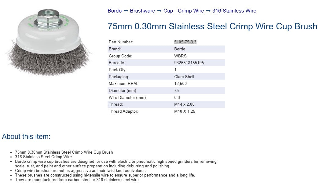 Bordo 75mm 0.30 Stainless Steel Crimp Wire Cup Brush