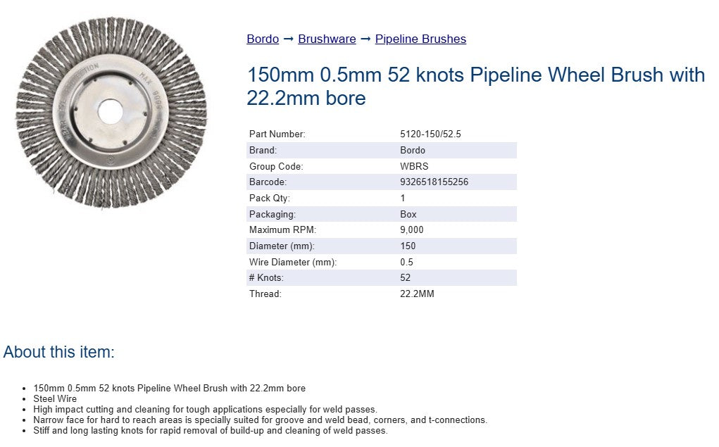 Bordo 150mm 0.50mm 52 Knots Pipeline Wheel Brush with 22.2mm Bore - Steel Wire
